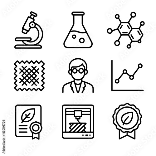 Textile Innovation Icons. Outline icon set of textile innovation research: microscope, laboratory flask,