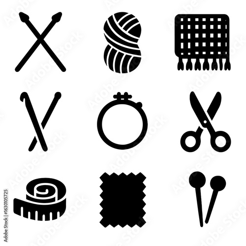 Textile Handcraft Icons. Solid, filled icons set of handcraft textiles: knitting needles, yarn skein, woven