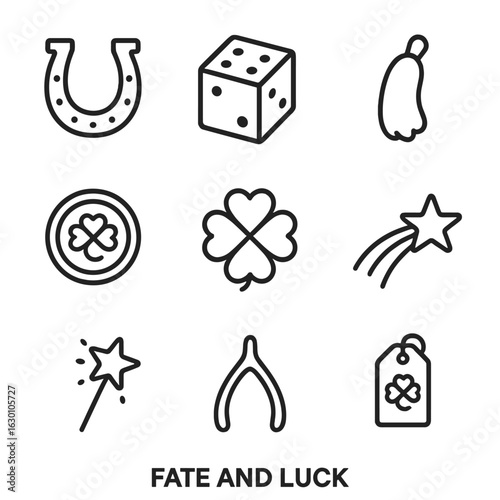 Fate and Journey Icons. Outline icon set of fate and luck: horseshoe, dice, rabbit foot, lucky coin, four-leaf clover, shooting
