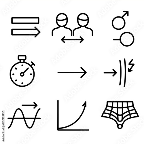Relativistic Effects Icons. Outline icon set of relativistic effects: length contraction, twin paradox, mass increase, time