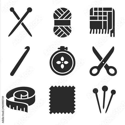 Textile Handcraft Icons. Solid, filled icons set of handcraft textiles: knitting needles, yarn skein, woven