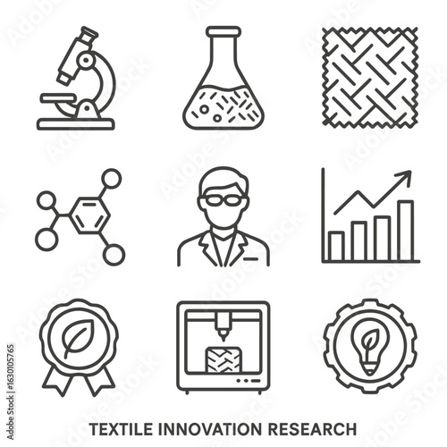 Textile Innovation Icons. Outline icon set of textile innovation research: microscope, laboratory flask,