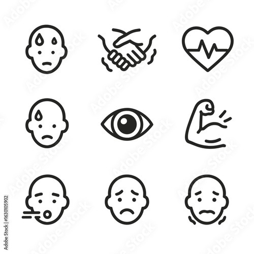 Fear Symptom Icons. Outline icon set of physical fear symptoms: sweating, shaking hands, rapid heartbeat, cold sweat, dilated