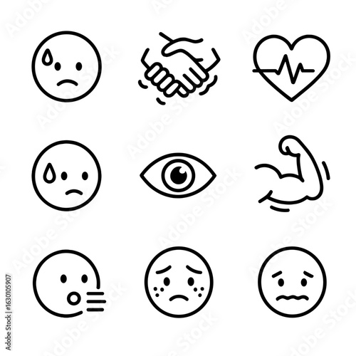 Fear Symptom Icons. Outline icon set of physical fear symptoms: sweating, shaking hands, rapid heartbeat, cold sweat, dilated