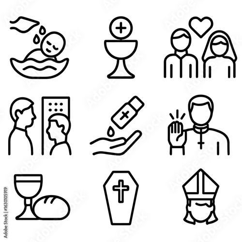 Religious Ceremony Icons. Outline icon set of religious ceremonies: baptism, communion, wedding, confession, anointing, blessing,