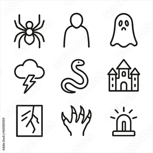 Fear Triggers Icons. Outline icon set of fear triggers: spider, dark shadow, ghost, thundercloud, snake, haunted house, broken