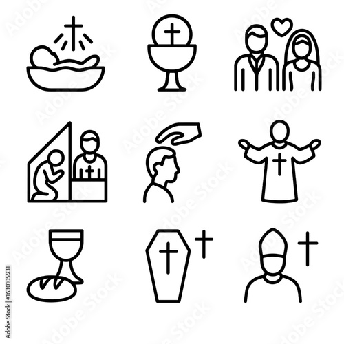 Religious Ceremony Icons. Outline icon set of religious ceremonies: baptism, communion, wedding, confession, anointing, blessing,