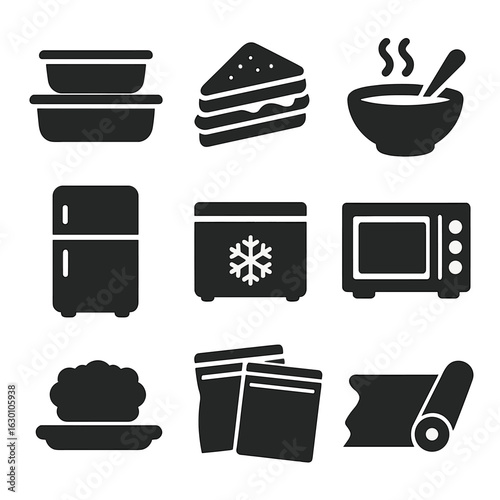 Thanksgiving Leftovers Icons. Solid, filled icons set of Thanksgiving leftovers: Tupperware containers,