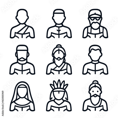 Religious Figures Icons. Outline icon set of religious figures reading scriptures: monk, priest, rabbi, imam, guru, pastor, nun,