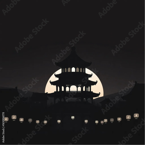 Bell Tower silhouetted at sunset in Xi'an at midnight with glowing lanterns