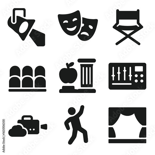 Theatrical Icon Set. Solid, filled icons set of theatrical performance lighting: spotlight beam, stage mask,