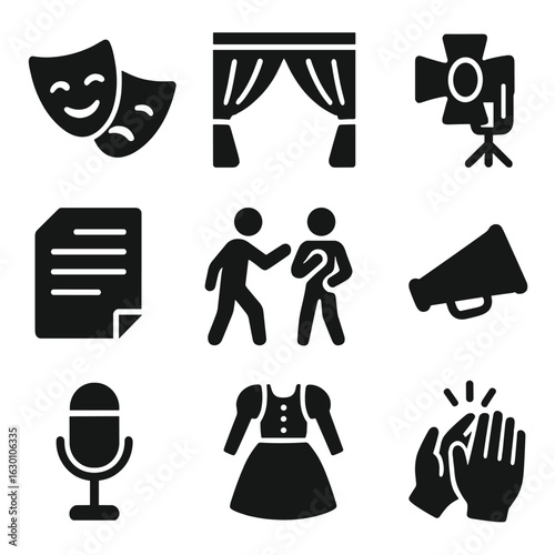 Theatrical Arts Icons. Solid, filled icons set of theatrical arts: drama mask, stage curtains, spotlight,