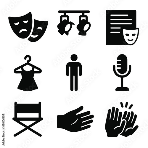 Theatrical Icons Set. Solid, filled icons set of theatrical expressions: emotion mask, stage lights, script,