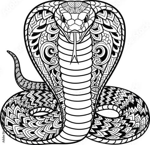 A stylized cobra snake with a flared hood, decorated with intricate zentangle and mandala-style patterns.