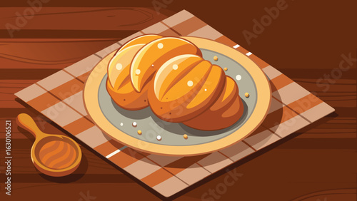 Illustration of three golden buns on a plate with a spoon of honey on a checkered cloth table