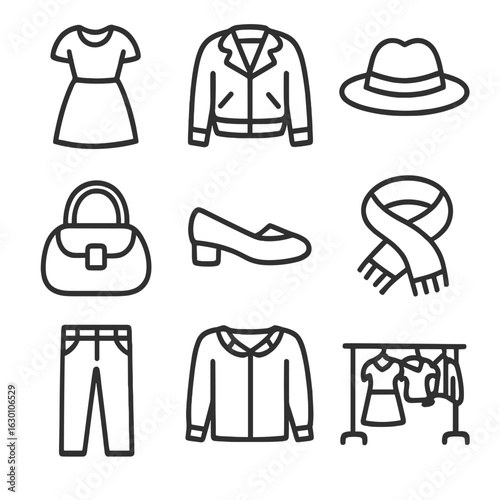 Thrift Fashion Icons. Outline icon set of thrift store fashion items: dress, jacket, hat, handbag, shoes,
