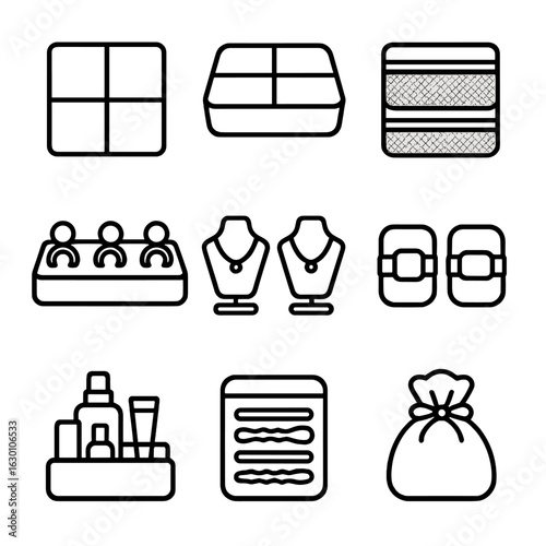 Tidy Accessory Icons. Outline icon set of tidy drawer accessories: storage cubes, divided trays, mesh pockets,