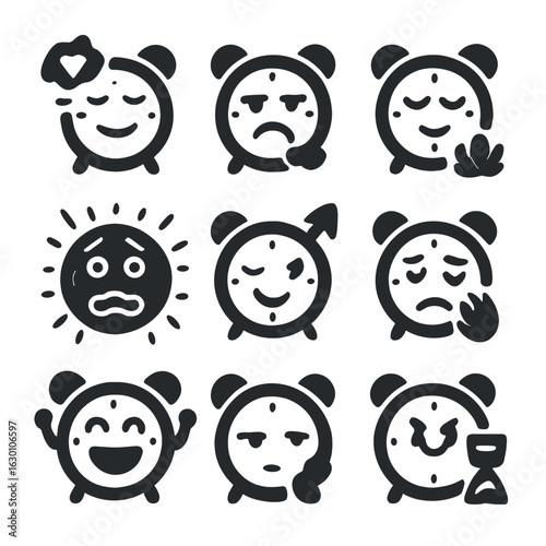 Time Emotion Icons. Solid, filled icons set of time-related emotions: nostalgia, impatience, calmness, anxiety
