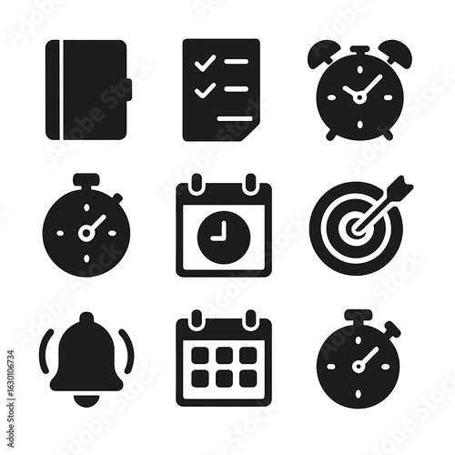 Time Management Icons. Solid, filled icons set of time management tools: planner, checklist, alarm clock,
