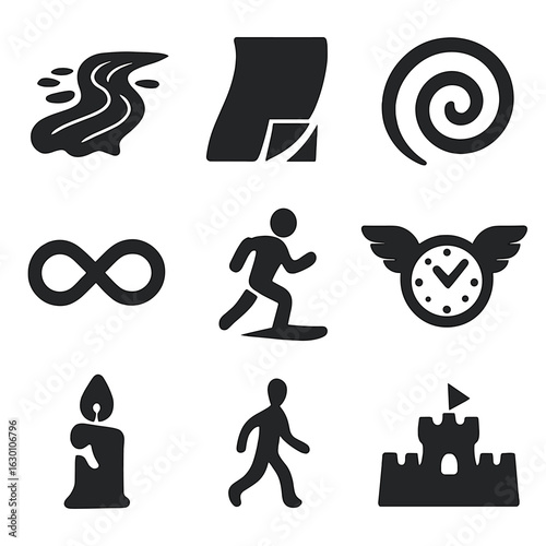 Time Metaphor Icons. Solid, filled icons set of metaphors for time: flowing river, turning page, spiral,