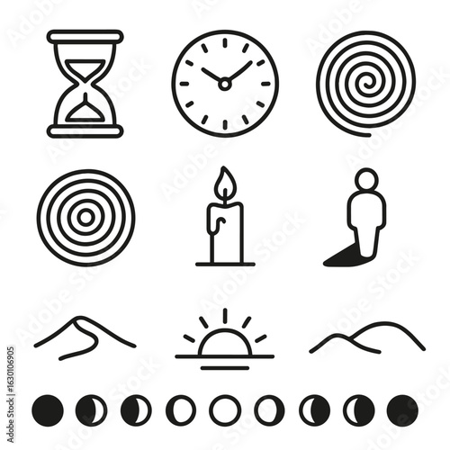 Time Symbols Icon Set. Outline icon set of Time and existence symbols: hourglass, clock, spiral, tree rings,