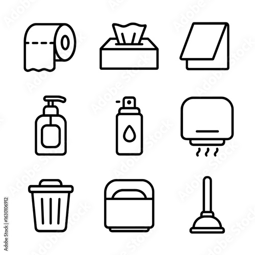 Restroom Supplies Icons. Outline icon set of restroom supplies: toilet paper roll, tissue box, paper towel, soap dispenser, air