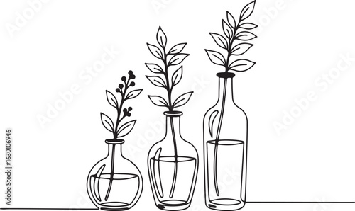 Elegant black and white line art illustration featuring three distinct vases adorned with delicate branches perfect for decorative and artistic applications