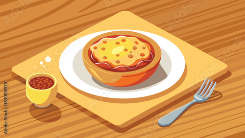 Illustration of a baked dish on a plate with a side of beans and a fork on a wooden table top