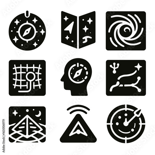 Time-Space Navigation Icons. Solid, filled icons set of time-space navigation tools: galactic compass, star
