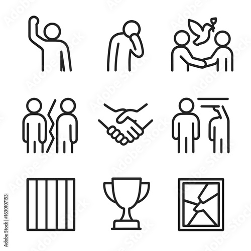 Revenge Outcomes Icons. Outline icon set of revenge outcomes: victory, defeat, peace, broken relationship, forgiveness, punishment