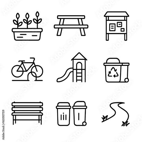 Tiny House Icon Set. Outline icon set of tiny house community life: shared garden, picnic table, compost bin,