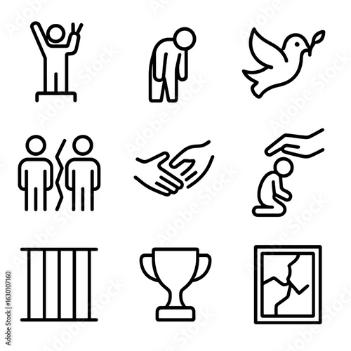Revenge Outcomes Icons. Outline icon set of revenge outcomes: victory, defeat, peace, broken relationship, forgiveness, punishment