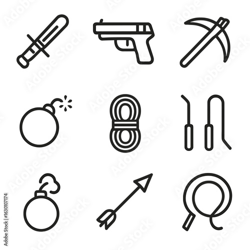 Revenge Tools Icons. Outline icon set of revenge weapons and tools: dagger, pistol, crossbow, bomb, rope, lockpick, smoke bomb,