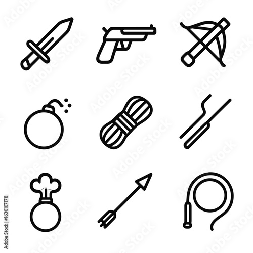 Revenge Tools Icons. Outline icon set of revenge weapons and tools: dagger, pistol, crossbow, bomb, rope, lockpick, smoke bomb,