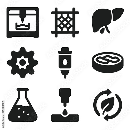 Tissue Engineering Icons. Solid, filled icons set of tissue engineering: 3D printer, scaffold structure, human