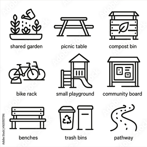 Tiny House Icon Set. Outline icon set of tiny house community life: shared garden, picnic table, compost bin,