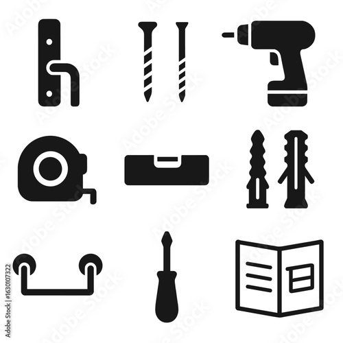 Towel Rack Tools. Solid, filled icons set of towel rack installation: wall mount, screws, drill, measuring