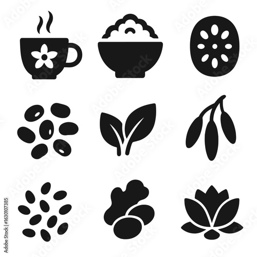 Traditional Calming Foods Icons. Solid, filled icons set of traditional calming foods: jasmine tea, steamed