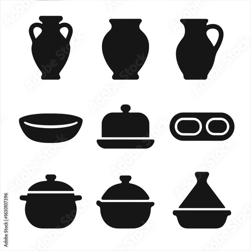 Traditional Ceramic Icons. Solid, filled icons set of traditional ceramic forms: amphora jar, ceramic urn,