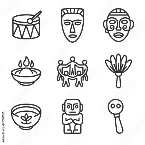 Ritual Icons Set. Outline icon set of traditional rites: ceremonial drum, tribal mask, ritual mask, offering plate, dance circle,