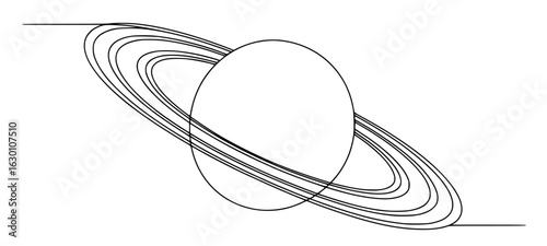 Black and white line drawing of a planet with rings space astronomy