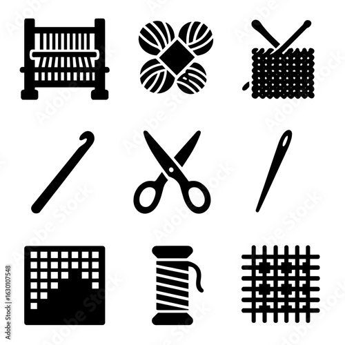 Traditional Weaving Icons. Solid, filled icons set of traditional weaving and knitting: wooden loom, yarn