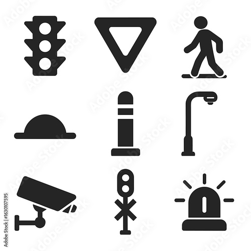 Traffic Control Icons. Solid, filled icons set of Traffic control devices: stoplight, yield sign, pedestrian