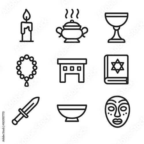 Ritual Objects Icons. Outline icon set of ritual objects: candle, incense burner, chalice, altar, prayer beads, sacred book,