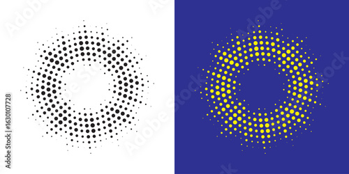 Set of black halftone grunge circle. Vector modern dots halftone arts. Halftone circle frame background set. Round border Icon using halftone random circle. Grunge circular stain. Vector illustration.