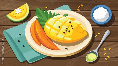A plate of sliced mango with carrots and a bowl of white powder on a wooden table top view