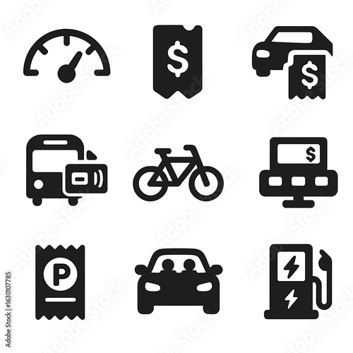 Transport Cost Icons. Solid, filled icons set of transportation cost tracking: fuel gauge, toll ticket, car