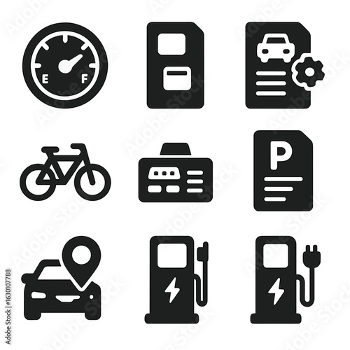 Transport Cost Icons. Solid, filled icons set of transportation cost tracking: fuel gauge, toll ticket, car