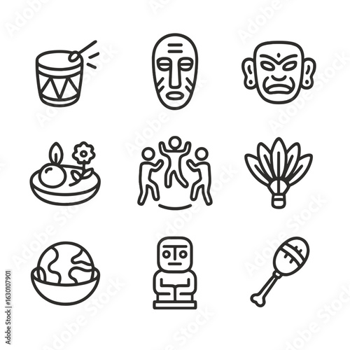 Ritual Icons Set. Outline icon set of traditional rites: ceremonial drum, tribal mask, ritual mask, offering plate, dance circle,