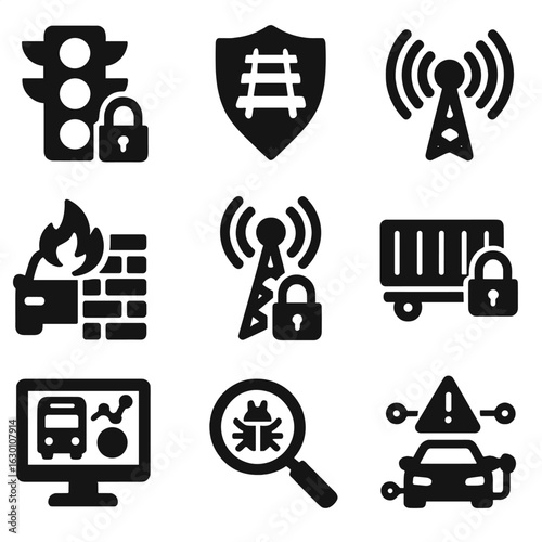 Transportation Cybersecurity Icons. Solid, filled icons set of transportation system cyber defense: traffic